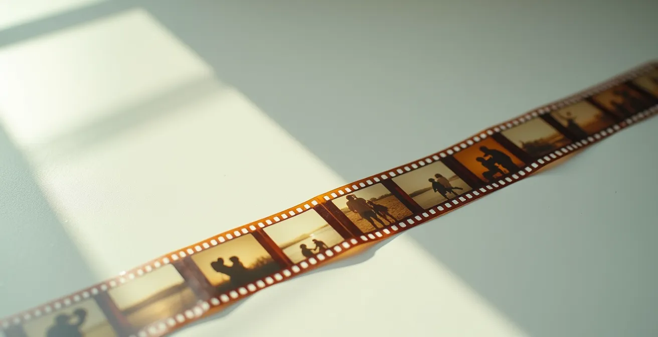 Vue en perspective d'une pellicule de film déroulée montrant différentes scènes floues d'une histoire relationnelle