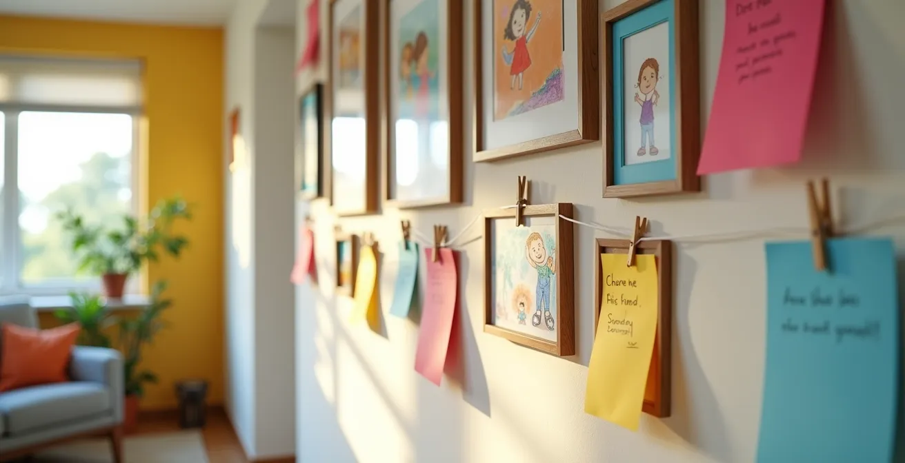 Un mur familial coloré avec photos, dessins d'enfants et notes de fierté accrochés