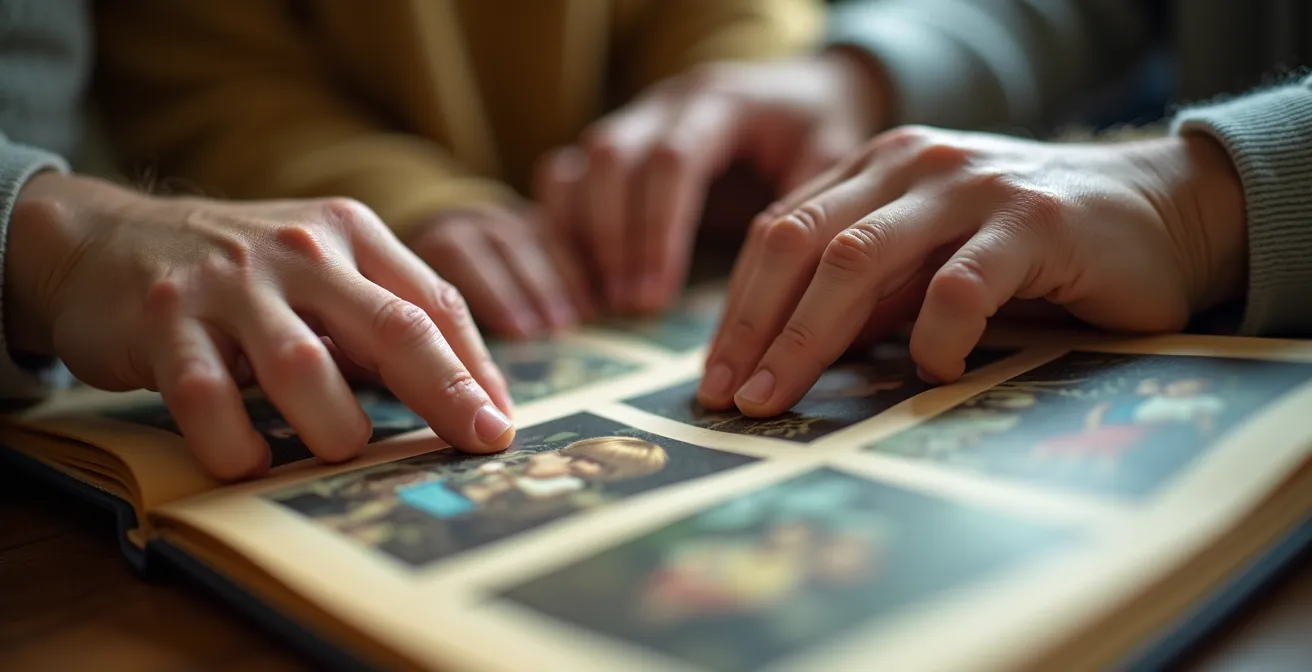 Des mains de différentes générations feuilletant ensemble un album photo familial